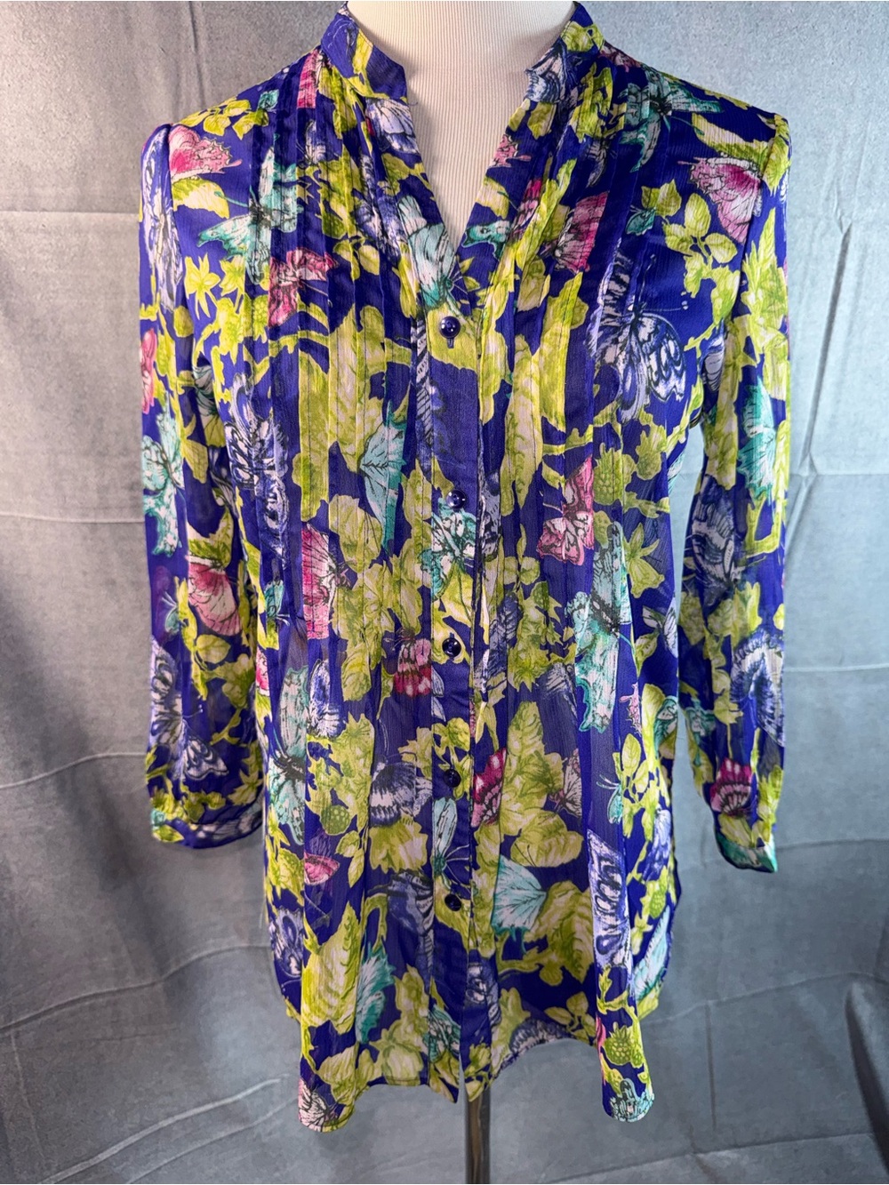 2175-Charter Club Floral Button-Down Top in Blue and Lime
